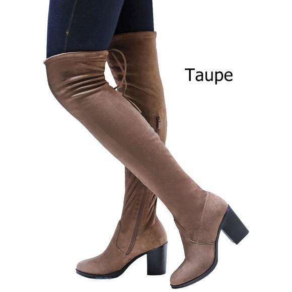 New Taupe Over the Knee Faux Suede Drawstring Boot - Picture 1 of 2